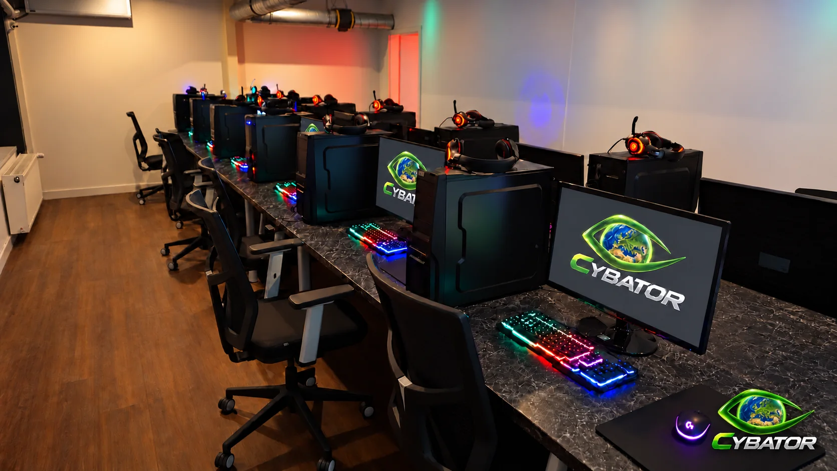 Gaming-PCs mit Tastaturen und Headsets – Cybator