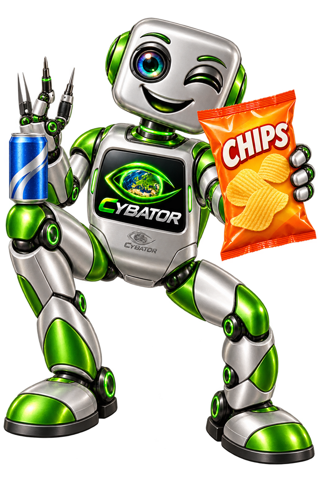 Cybator-Roboter mit Chips und Getränk